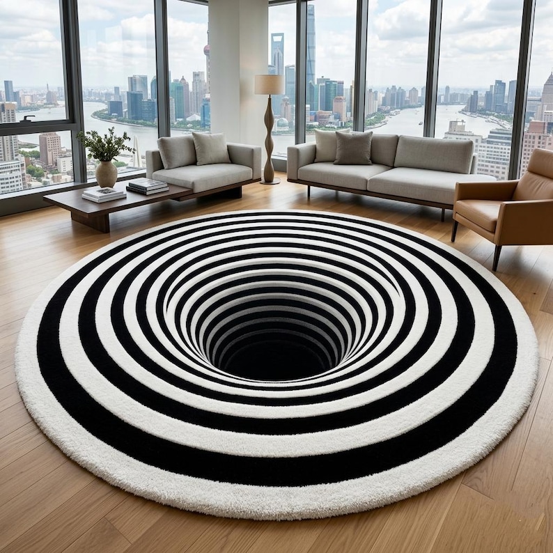 Three Dimension Design Rugs 3D Optical Illusion Rug, Black White Spiral Carpet, Modern Abstract ...