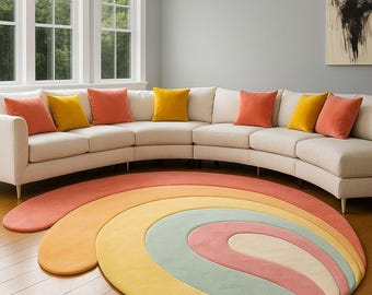 Hand-Tufted Wool Rug – Modern Rainbow Curve, Pastel Carpet