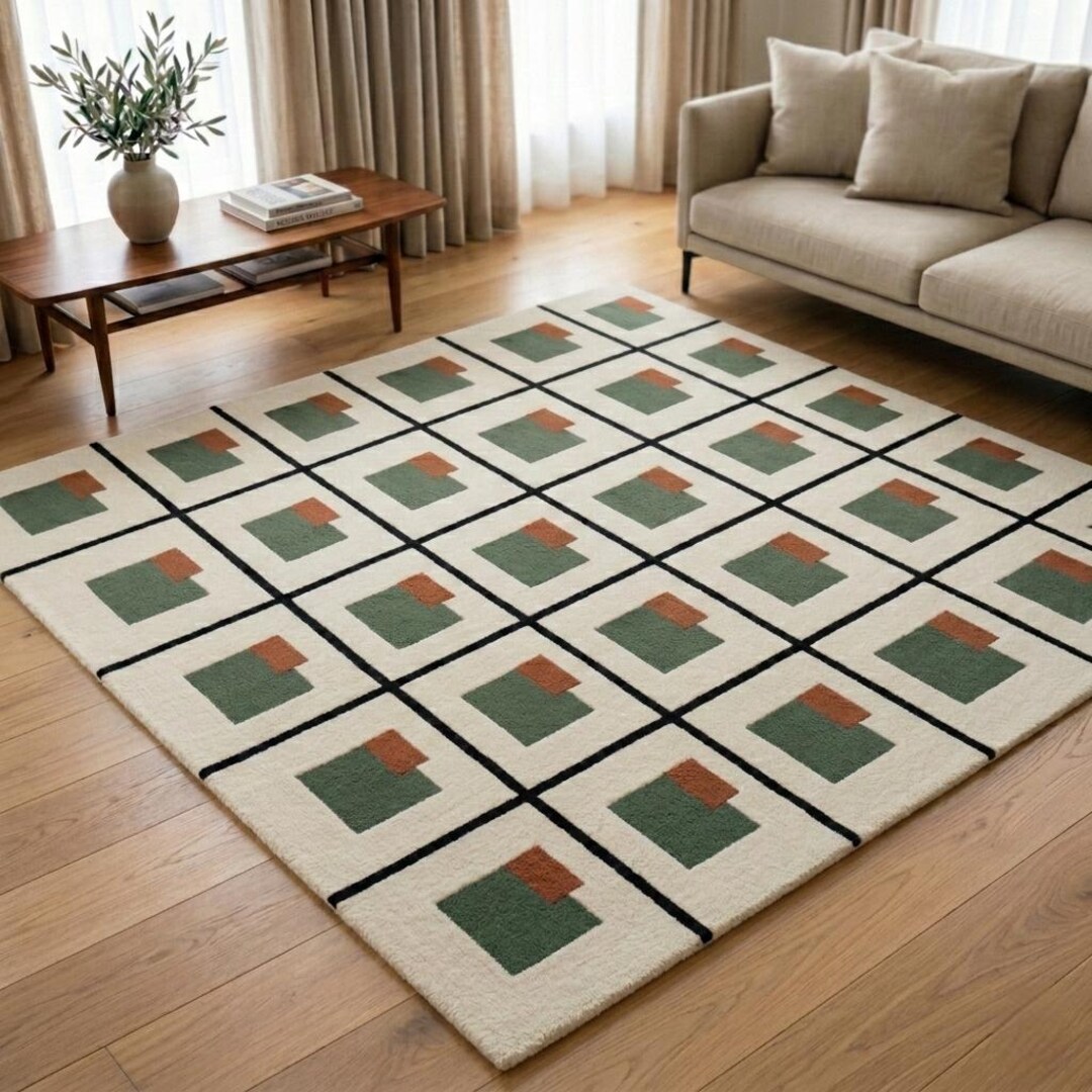 Hand Tufted NZ Wool Geometric Rug, Modern Cream Grid Area Carpet - Etsy