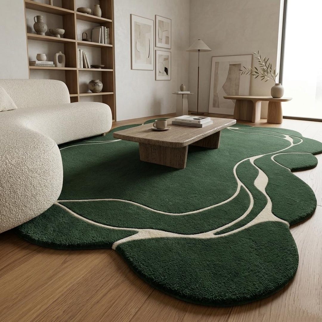 Patterned Green Rug Abstract Design Green Abstract Rug, Organic Shape Area Carpet, Modern Handmade ...