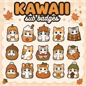 May include: A digital collection of fifteen illustrated cat icons titled KAWAII sub badges. Each icon features a small cat in autumn-themed settings, including pumpkins, mugs, acorns, leaves, and knit hats, rendered in shades of orange and brown.
