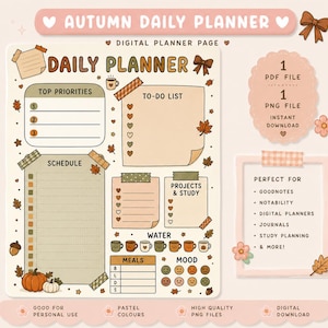 May include: An autumn-themed digital daily planner page featuring sections for top priorities, a to-do list, schedule, projects, study, water intake, meals, and mood. The design includes fall leaves, pumpkins, and acorns in a soft, warm color palette.