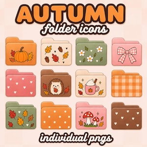 May include: A collection of twelve digital folder icons featuring autumn-themed illustrations including a pumpkin, leaves, acorns, flowers, a pink bow, hearts, a hedgehog, a mug, orange gingham, polka dots, and mushrooms with the text AUTUMN folder icons.