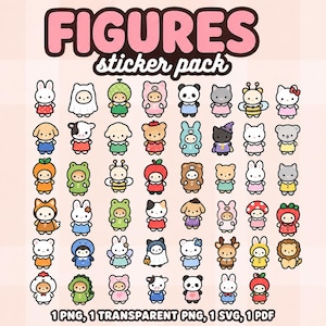 Digitalt klistermärkespaket med kawaiifigurer | Digital planerare, dagbok, klippbok (PNG, SVG, PDF)