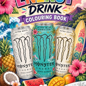 以下が含まれることがあります： 「ENERGY DRINK COLOURING BOOK」と書かれた塗り絵。Ultra White、Ultra Blue Hawaiian、Ultra Goldとラベル付けされた3本のモンスターエナジー缶が描かれています。表紙にはパイナップル、ハイビスカスの花、スイカ、サーフボードなどのトロピカルな要素が配置されています。