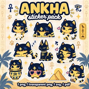 Puede incluir: Un paquete de pegatinas con varias ilustraciones de un personaje de gato de dibujos animados con pelo azul oscuro y piel amarilla, inspirado en motivos egipcios antiguos. El set incluye el texto ANKHA sticker pack, pirámides y formatos.