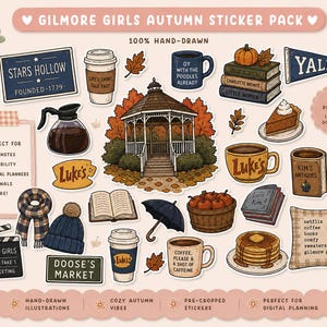 May include: A digital sticker pack featuring hand-drawn illustrations of a gazebo, coffee cups with text like 'Luke's', books, a pumpkin, a plaid scarf, a beanie, a basket of apples, a stack of pancakes, and signs reading 'Stars Hollow' and 'Doose's Market'.