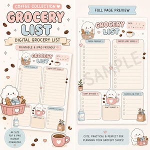 Puede incluir: Una plantilla de lista de la compra digital con temática de café y detalles en rosa y azul pastel. El diseño incluye secciones para productos frescos, despensa, lácteos y artículos del hogar, decorado con nubes y granos de café.