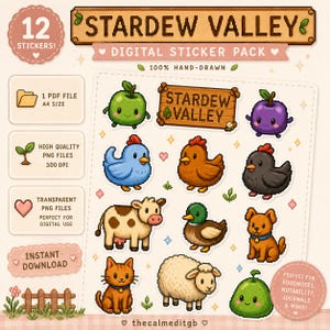 Puede incluir: Un paquete de pegatinas digitales con personajes en pixel art de Stardew Valley, que incluye una manzana verde, una fruta morada, un letrero de madera, un pollo azul, un pollo marrón, un pollo negro, una vaca, un pato, un perro, un gato, una oveja y un slime verde.
