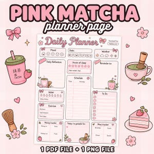 Puede incluir: Una página de planificador diario con detalles en rosa, ilustraciones de fresas y gráficos de matcha. El diseño incluye secciones para el estado de ánimo, clima, sueño, horario, listas de tareas, agua, ejercicio, dinero y seguimiento de comidas.