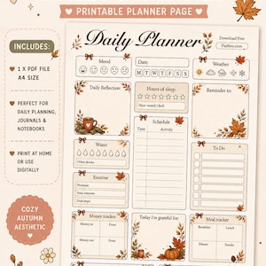 Könnte beinhalten: Eine druckbare Tagesplaner-Seite im A4-Format mit herbstlichem Design und Illustrationen von braunen und orangen Blättern. Das Layout enthält Abschnitte für Stimmung, Datum, Wetter, Schlaf, Zeitplan, Wasser, Bewegung, Finanzen, Mahlzeiten und Notizen.