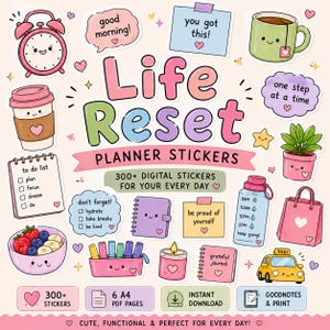 Könnte beinhalten: Eine Sammlung digitaler Planer-Aufkleber mit dem Titel Life Reset Planner Stickers, die pastellfarbene Illustrationen eines Weckers, einer Kaffeetasse, einer To-Do-Liste, einer Obstschale, einer Wasserflasche, eines Taxis und motivierender Textblasen zeigt.