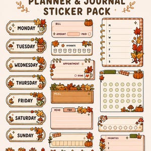 May include: An autumn-themed digital sticker pack featuring labels for days of the week, a bill tracker, a hydration tracker, a weekly planner, a meal planner, a reading list, and a priorities list, all decorated with orange leaves, pumpkins, and mushrooms.