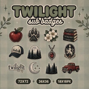 以下が含まれることがあります： TWILIGHT sub badgesと題されたデジタルバッジのセット。赤いリンゴ、足跡、白い花、本の山、Forksと書かれた野球帽、満月、赤いペンダント、紋章、テキスト、三日月、木々、赤いトラックなどのアイコンが含まれています。