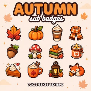 Może przedstawiać: Zbiór dwunastu ikon w stylu pixel art z napisem AUTUMN sub badges, przedstawiających liść klonu, dynię, kubek kawy, szalik, żołądź, grzyba, stos książek, świecę, kawałek ciasta, kubek, latarnię i lisa, z tekstem 72x72 36x36 18x18PX.