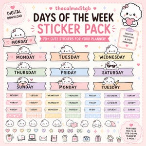 以下が含まれることがあります： 曜日、かわいい雲のキャラクター、様々なアイコンが描かれたデジタルステッカーパック。テキストには「DAYS OF THE WEEK STICKER PACK」「70+ CUTE STICKERS FOR YOUR PLANNER!」「SWEETEN YOUR PLANS & STAY ORGANIZED!」「PRINTABLE PNG FILES」と書かれています。