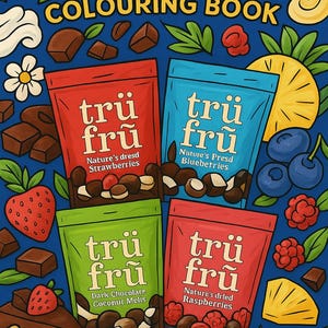 May include: A colorful illustration of a dessert-themed coloring book. The cover features the text "DESSERT COLOURING BOOK" and four bags of "trü frū" dried fruit: strawberries, blueberries, coconut melts, and raspberries. Various fruits and chocolate pieces surround the bags.
