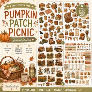 May include: A four-page digital sticker pack titled Pumpkin Patch Picnic featuring hand-drawn autumn illustrations. The collection includes pumpkins, baskets, fall foliage, cozy beverages, and seasonal decor elements designed for journals and scrapbooks.