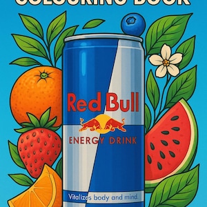 May include: An illustrated cover for an "Energy Drink Colouring Book" featuring a Red Bull can, orange, strawberry, watermelon, and blueberries. The can has a blue and silver design with the Red Bull logo. The text "Vitalizes body and mind" is also included.