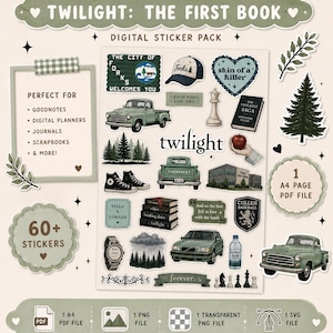 Könnte beinhalten: Ein digitales Sticker-Set mit Twilight-Motiven, darunter ein grüner Pickup, Tannenbäume, schwarze High-Top-Sneaker, ein roter Apfel, eine Schachfigur, eine Armbanduhr, eine Wasserflasche und Bücher. Der Text enthält The City of Forks Welcomes You.