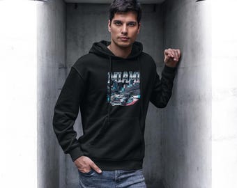 Miami Hoodie – Retro Car Graphic Print Unisex Streetwear Aesthetic Sweatshirt, Vintage Miami Style Cozy Pullover for Travel & Casual Wear