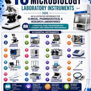 Pode incluir: Um cartaz educativo intitulado 16 Essential Microbiology Laboratory Instruments com ilustrações de um microscópio composto, cabine de segurança biológica, centrífuga, autoclave, estufa, incubadora, câmara anaeróbica, espectrofotómetro, medidor de pH, balança analítica, agitador magnético, micropipeta, ansa de inoculação, banho-maria, máquina de PCR e contador de colónias.