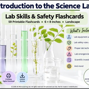 Puede incluir: Un conjunto de 59 tarjetas didácticas imprimibles de 15,24 x 20,32 cm en formato horizontal tituladas Introduction to the Science Lab: Lab Skills & Safety Flashcards. La imagen muestra tubos de ensayo con plantas y líquidos de colores.