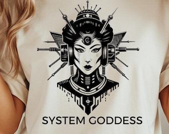 Camiseta ciberpunk "Diosa del Sistema", estética urbana japonesa, sudadera de estilo técnico, camiseta gráfica de estilo anime, ropa manga futurista.