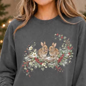 Christmas Bunny T-Shirt, 90s Retro Rabbit Wildlife Tee, Winter Holiday Woodland Long Sleeve, Nature Lover Gift Shirt