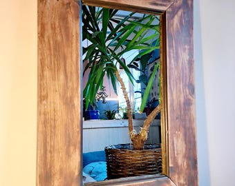 Vintage Wooden Wall Mirror – Rustic Solid Wood Mirror with Patina Reclaimed Wood Decor – Rustic Wooden Wall Mirror Reclaimed Wood