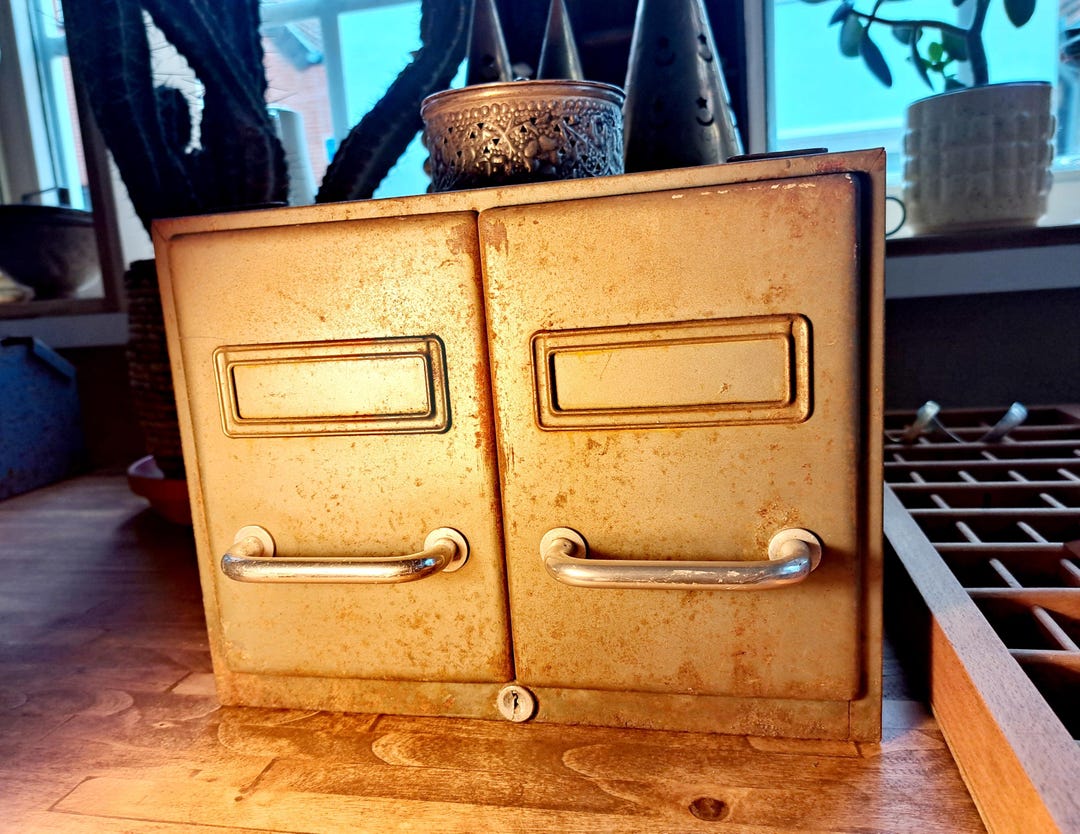 Vintage Metal Card File Box / Industrial Drawer Cabinet – 2 Drawers ...