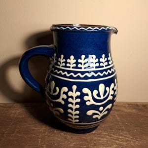 Blue Ceramic Jug Hand Painted Folk Art Pottery Pitcher Rustic Stoneware Vase / Vintage Keramik Krug Blau Handbemalt Bauernkeramik