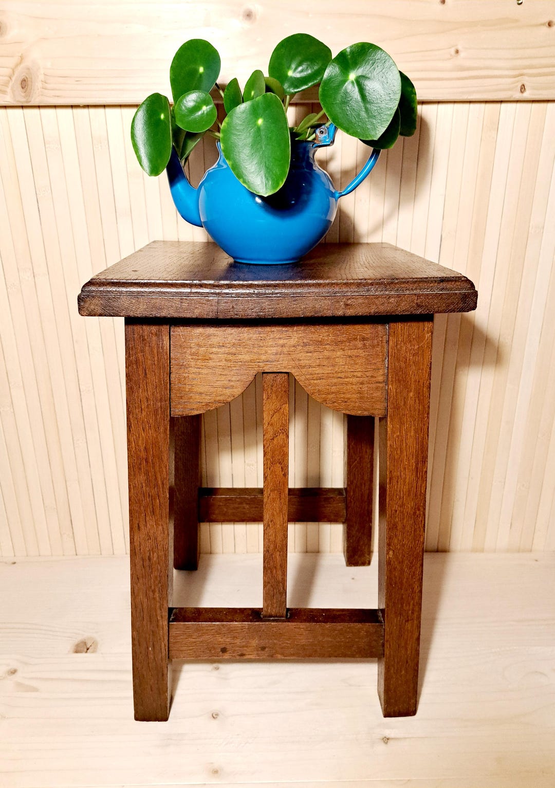 Vintage Oak Wooden Plant Stand Stool – Rustic Small Side Table ...