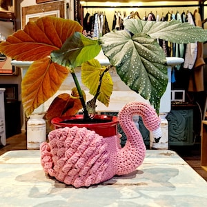 Könnte beinhalten: Ein pinkfarbener gehäkelter Flamingo-Pflanzentopfbezug vor einem roten Blumentopf mit einer großblättrigen Pflanze. Der Flamingo hat einen langen Hals und einen weißen Schnabel. Die Blätter sind grün, gelb und orange.