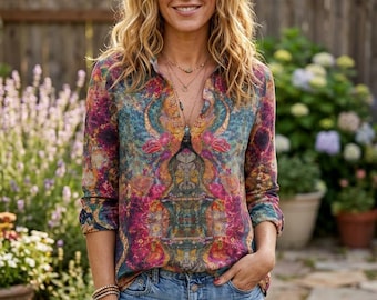 Bohemian Floral Paisley Shirt Vintage Ethnic Pattern Colorful Hippie Style Top