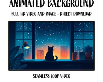 Animated Black Cat watching Stars on the Desk HD Loop Video Background