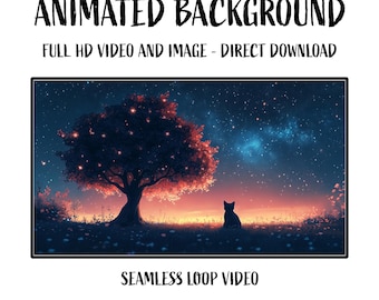 Animated Cat and Tree under nightly Sky HD Video Loop Background