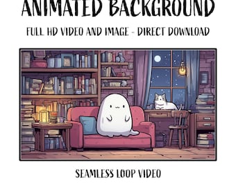Animated adorable Kawaii Little Ghost and Cat Video Loop Background Live Wallpaper
