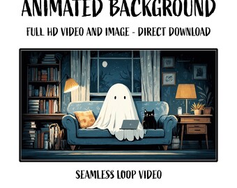Animated Little Ghost working on Laptop and Cat relaxing on Couch Video Loop Background