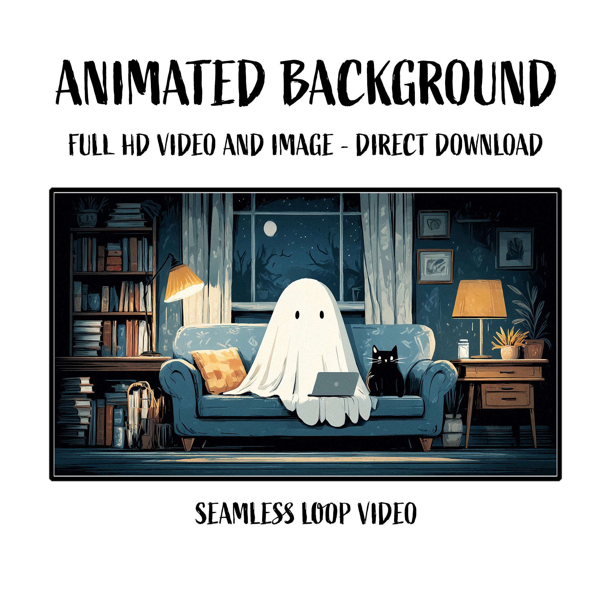Ghost Loop Pic Animated Little Ghost Working on Laptop and Cat Relaxing on Couch Video ...