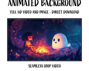 Animated Girl and Ghost in a Cave around Bonfire HD Video Loop Background