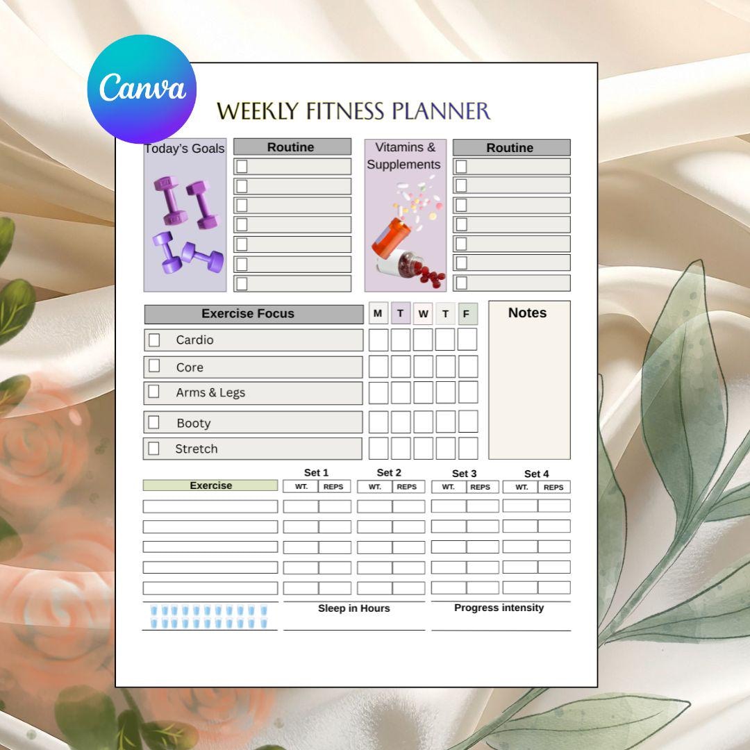 Weekly Fitness Planner | Editable Canva Template | Printable Workout ...