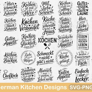 Puede incluir: Una colección de 35 diseños de cocina alemanes en blanco y negro. Los diseños presentan varias frases y citas relacionadas con la cocina y la comida, como "El amor pasa por el estómago" y "Cocinar conecta". La parte inferior de la imagen incluye el texto "35 German Kitchen Designs SVG-PNG-PDF".