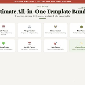 May include: A digital template bundle titled Ultimate All-in-One Template Bundle, featuring seven planners including a daily planner, weight tracker, fitness tracker, meal planner, wellness tracker, monthly planner, habit tracker, and future templates.
