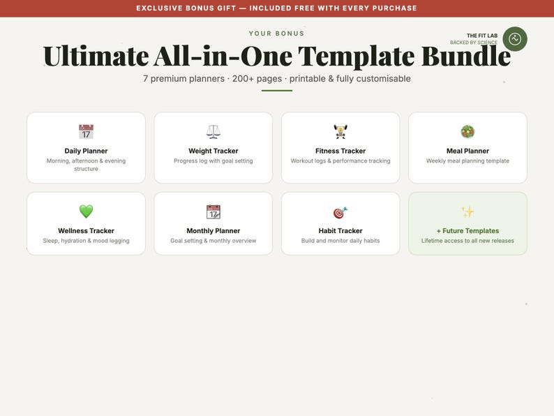 May include: A digital template bundle titled Ultimate All-in-One Template Bundle, featuring seven planners including a daily planner, weight tracker, fitness tracker, meal planner, wellness tracker, monthly planner, habit tracker, and future templates.