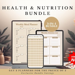 May include: A digital health and nutrition bundle featuring a weekly meal planner, grocery list, and a macro tracker. The image includes a tablet, a smartphone, and a digital pad with the text "Health & Nutrition Bundle". The bundle is advertised as a 3-in-1 package.
