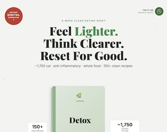 4 Week Detox Meal Plan | Clean Eating Reset, Printable PDF, Grocery Lists, Whole Food Recipes + Bonus Planner Bundle Digital Download