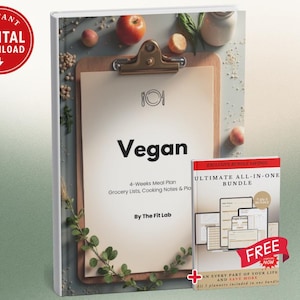 Op de afbeelding: Een digitale download van een veganistisch maaltijdplan, met een klembordontwerp met het woord "Vegan" in vette letters. Bevat een maaltijdplan van 4 weken, boodschappenlijstjes en kooknotities. Een kleinere bundel is ook inbegrepen.
