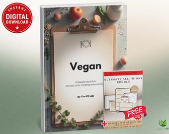 4-Week Vegan Meal Plan + Free Planner Bundle | Plant-Based Nutrition Guide | Printable Digital PDF