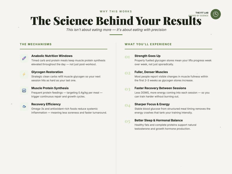 May include: An informational infographic titled The Science Behind Your Results, featuring two columns. The left side lists mechanisms like Anabolic Nutrition Windows and Glycogen Restoration. The right side details experiences such as Strength Goes Up and Fuller, Denser Muscles, using black text on a light background.